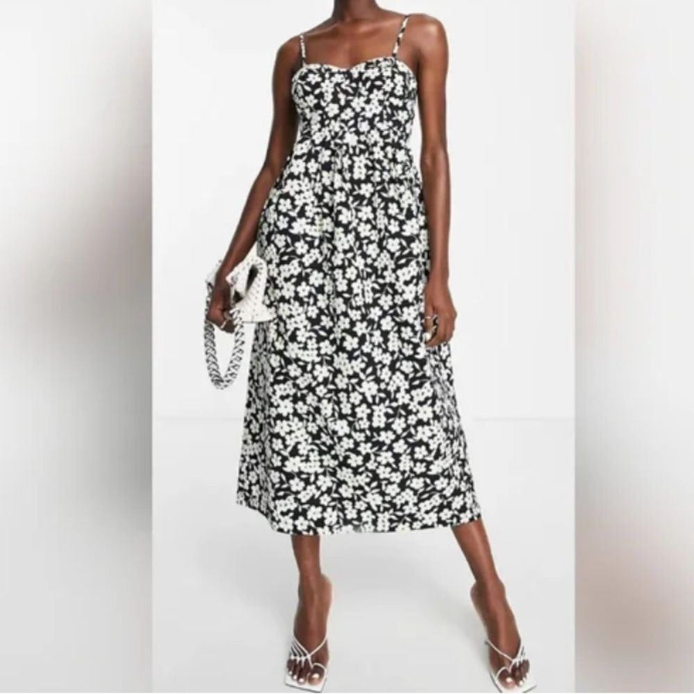 Topshop Dress NEW Midi Floral Cotton Poplin Side Pockets Black Green Size 6